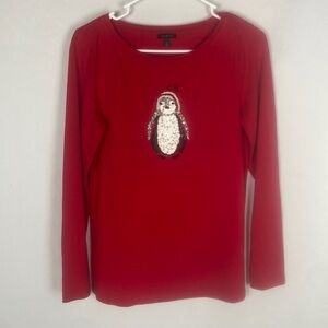 EUC Talbots Red Long Sleeve Shirt with Sequin and Beaded Penguin -Size Small